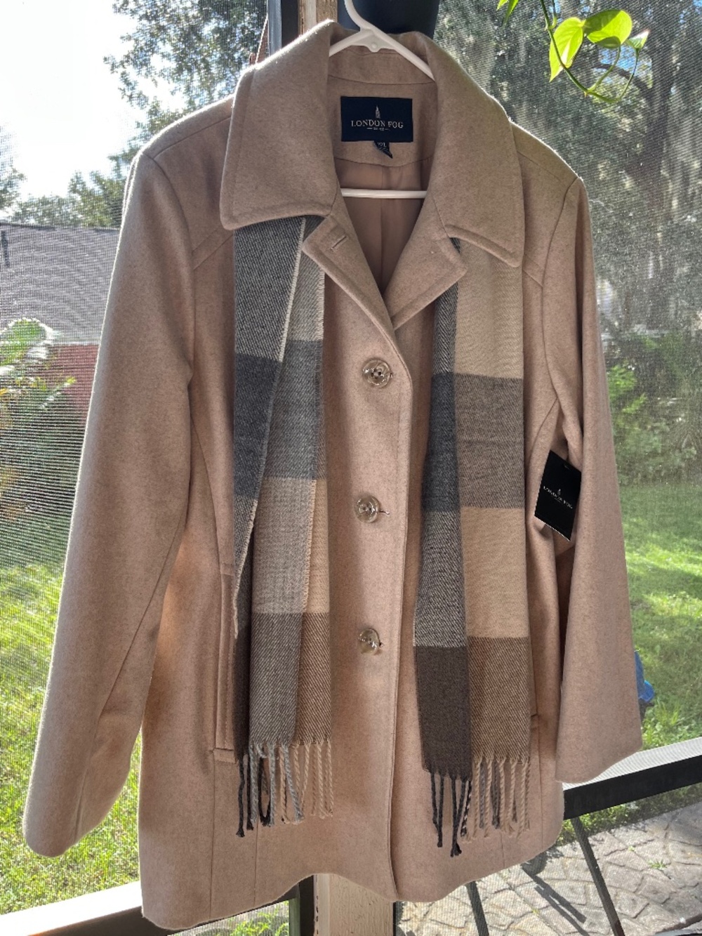 London Fog XXL Single Breasted Oatmeal Wool Blend Peacoat Plaid Fringe Scarf